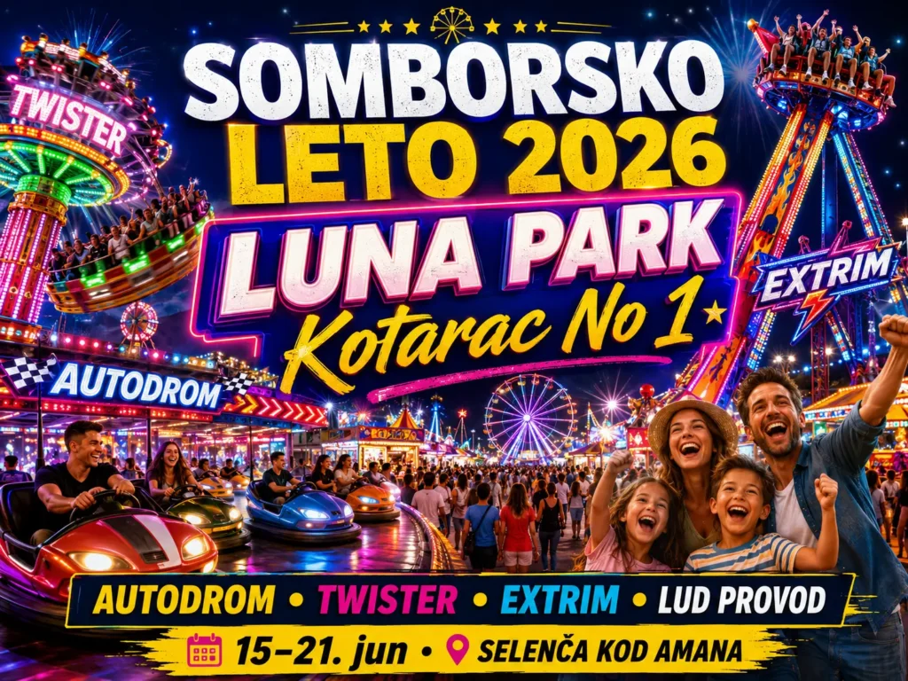 Naslovna slika za Somborsko leto 2026 sa prikazom Luna parka Kotarac No 1, autodroma, Twister i Extrim atrakcija i atmosfere ludog provoda u Somboru.